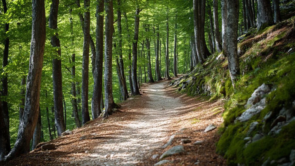 Sonnenlicht fällt auf einen ruhigen Waldweg zwischen hohen grünen Bäumen.