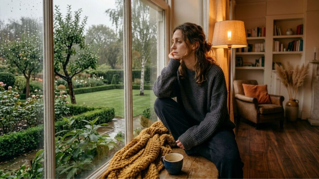Frau sitzt nachdenklich an einem Fenster und blickt bei Regen in einen Garten, während sie eine Tasse Kaffee neben sich stehen hat.