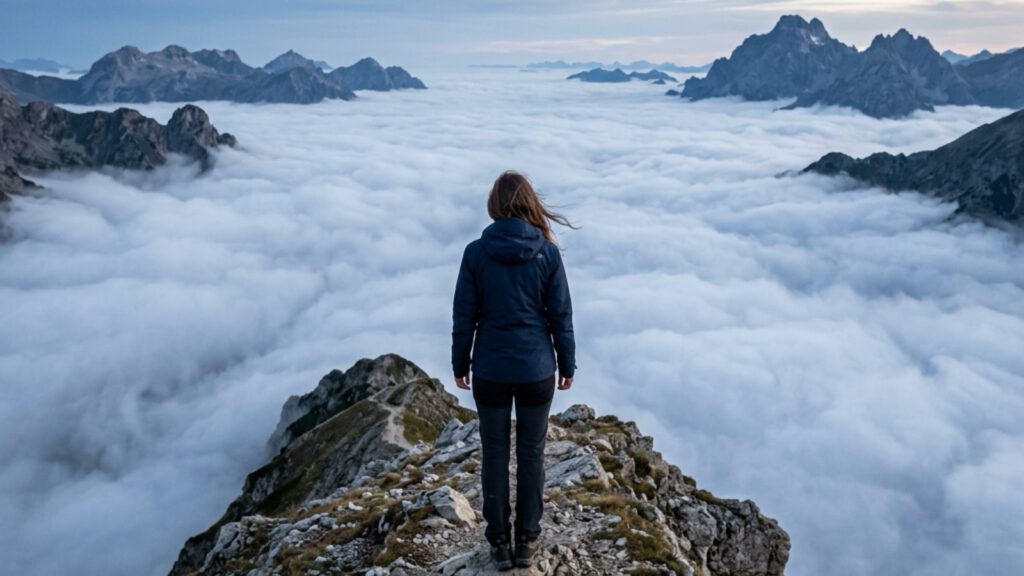 Frau steht allein auf einem Berggipfel über den Wolken und blickt in die Ferne.