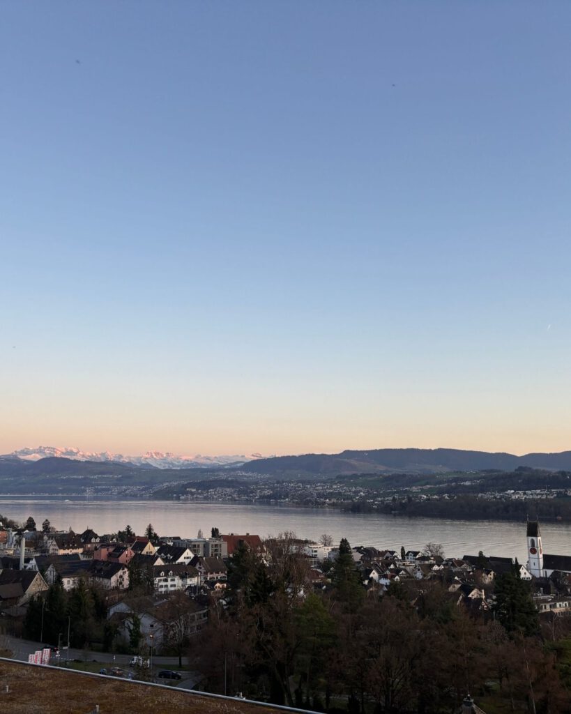 Abendstimmung über dem Zürichsee mit Berggipfeln im Abendlicht