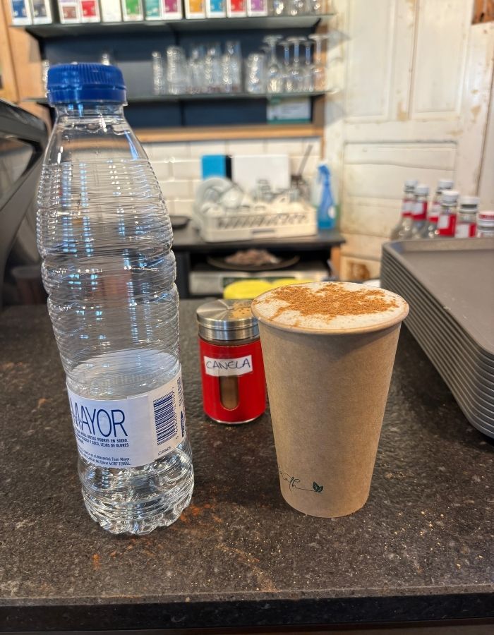 Cappuccino mit Hafermilch und Zimt in einem Café während einer Pause beim Shoppen
